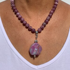 Purple Agate Pendant, Statement Necklace, Large Single Strand Beaded Gemstone, Handmade Jewelry Plum Wine Merlot Burgundy Silver, Gift For