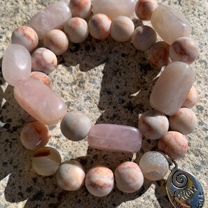 Peach Agate & Rose Quartz Bracelet Set: Boho Gemstone Jewelry