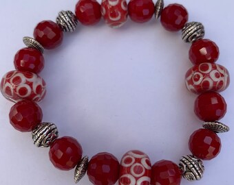 Handmade Red Lampwork Glass Bead Bracelet: Chunky Silver Statement Jewelry