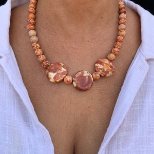 Rust Agate Necklace, Handmade Jewelry, Handcrafted Native Gemstone Rustic Marbled Stone Brown White Orange, Bold Statement, Gift For Her