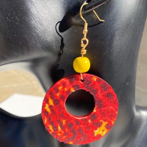 African Fabric Wooden Earrings: Red Yellow Boho Statement Jewelry