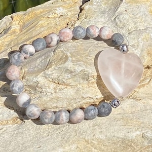 Pink Heart Bracelet, Rose Quartz Bracelets, Pink Zebra Gemstone, Gift for Her, Handmade Jewelry, Gray Beaded Bracelet, Valentine&#39;s Day Gift