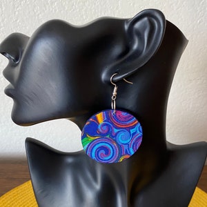 Abstract Fabric Earrings: Blue Cotton Covered Wooden Statement Jewelry
