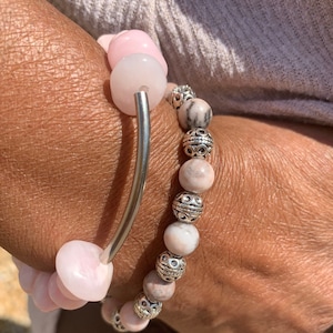 Pink Zebra Jasper Bracelet Set, Handmade Jewelry, Pink Silver Unique Bracelets, Everyday Statement, Handcrafted Gemstone, Gift for Her