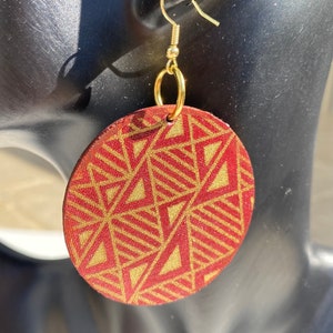 Geometric African Fabric Earrings: Brown & Gold Wood Statement Jewelry