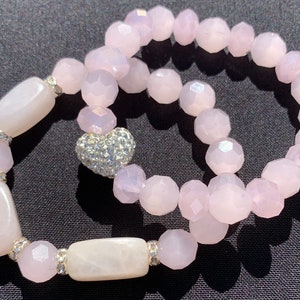 Pink Rose Quartz Stretch Bracelets, Pink Set Jewelry, Heart Charm Bracelet, Unique Gifts, Valentine&#39;s Day Gift, Gift for Her
