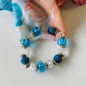Blue Lamp Work Glass Bracelet, Blue Crystal Bracelet, Blue Stretch Bead Bracelet, Giftfor Her, Birthday Gift, Blue Silver Bracelet