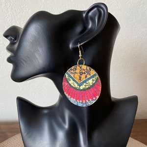 African Fabric Earrings: Raspberry Gold Glitter Wooden Statement Jewelry