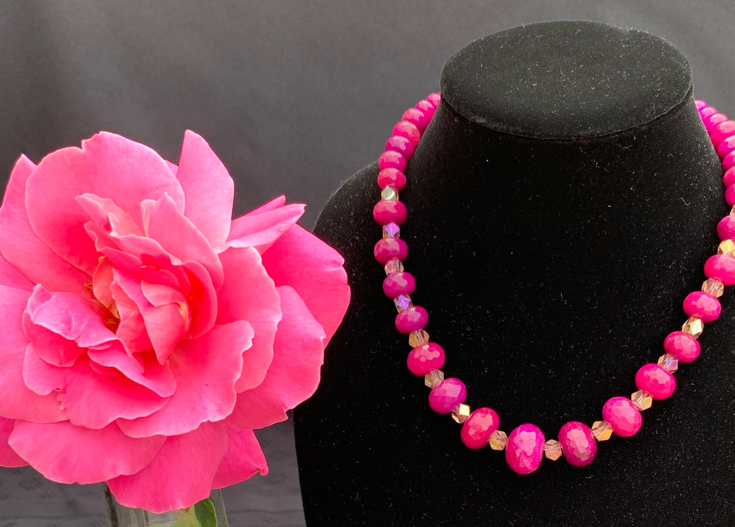 Hot Pink Bead Necklace, Chunky Pink Jewelry, Statement Bold Unique