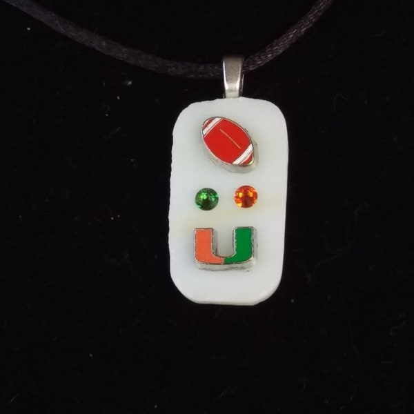 Miami Hurricanes , College Football , Happy U Football Pendant , Swarovski Orange  Green Crystals, Sports , Miami Hurricanes Necklace