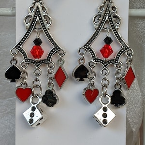 Spielkarten, Poker, Blackjack, Herz, Pik, Keule, Diamant Swarovski Kristall, Würfel, Kasino, Glücksspiel, Tropfen, baumeln, Glücksohrringe