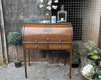 Elegant Gustavian / Georgian Style Antique / Vintage Inlaid Mahogany Cylinder Desk / Dressing Table
