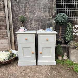 May include: A pair of light grey bedside cabinets with wooden knobs and a single door. Each cabinet has a drawer and a door. The cabinets are set outside, with decorative plants and a rustic wooden backdrop.