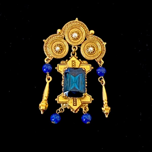 FLORENZA Articulated Vintage Etruscan Revival Bar Pin Jeweled Brooch 1980s does 1880's Gift