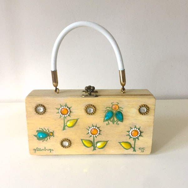 vintage 1967 Enid Collins Box Bag « glitter bugs » Wood Hand Painted Artist Signed Purse Pinup Lady bag