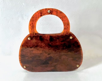 Koret LUCITE PANELED Purse Very Unique RARE Vintage Root Beer Panel Clamshell Clutch Bag