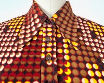 1970s Bat Wing Collar Disco Shirt PAC MAN Graphic Print Original Button Down Womens S