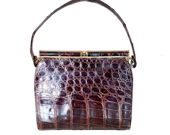 Vintage Alligator Top Handle Bag: 1950s Brown Leather Purse