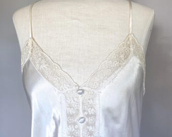 1980er Kurzes Slip-Kleid Chemise Sexy Weiße Spitze Blush Spitzen Nylon FANTASEIS Sm Gr.6