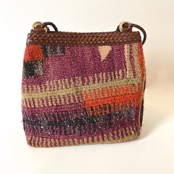 Vintage Handmade Carpet Bag Kilm and Leather LJ Simon Leather Details Boho Chic Southwestern Style