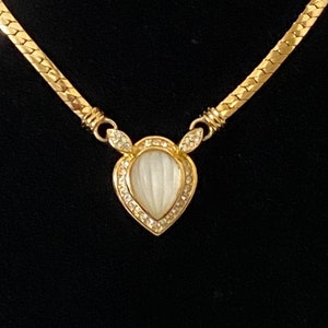 1980s Christian Dior Gold Tone Carved Frosted Glass Necklace Pendant with Clear Rhinestones