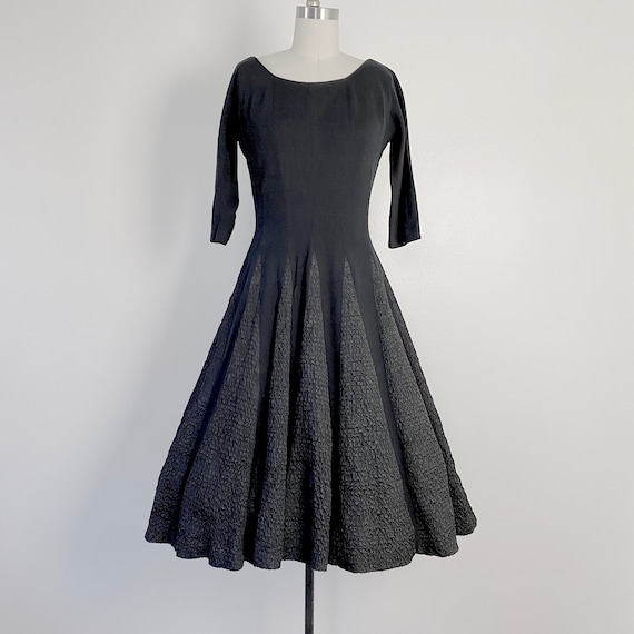1950s Dress Black Wool Dress SKATING style dress V