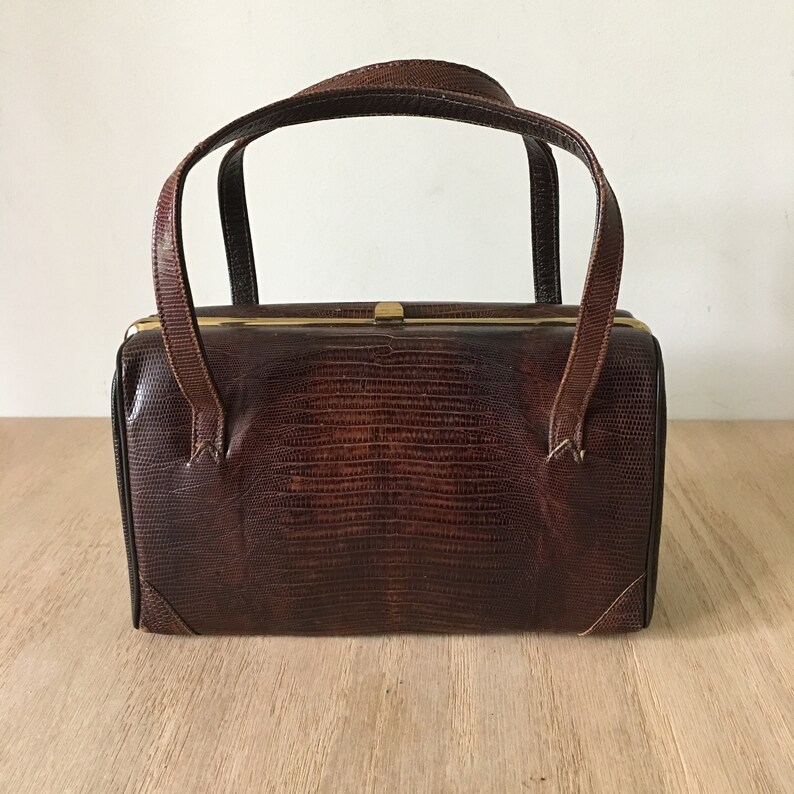 Purse 1950s Top Handle Handbag Vintage Embossed Hide Leather Etsy