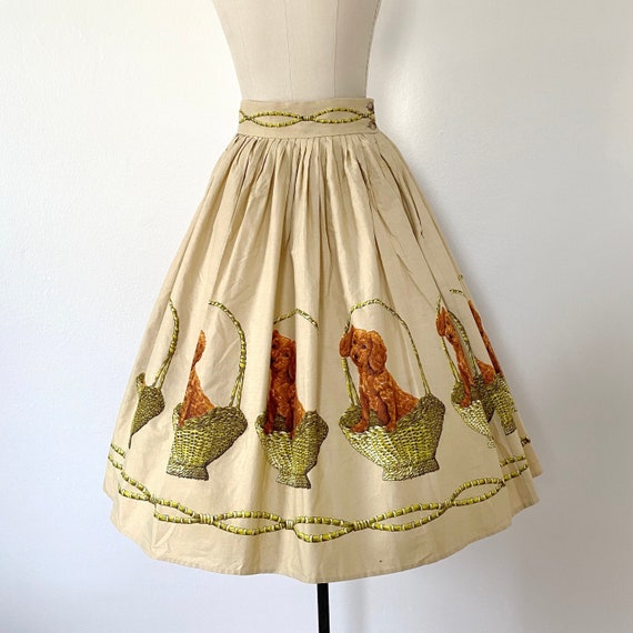 1950s Circle Skirt PUPPY IN A BASKET Novelty Print