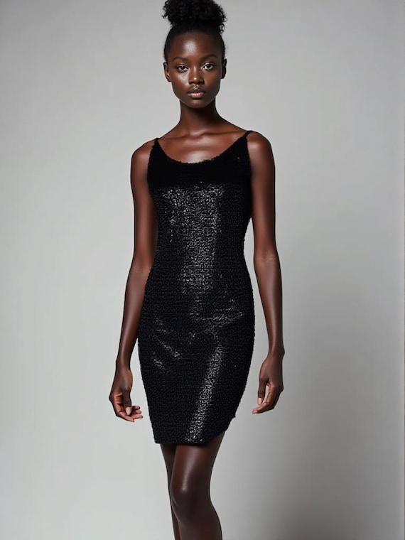 1960s Black Sequined Cocktail Dress: Carol Robins Go-go Bombshell, Size 6