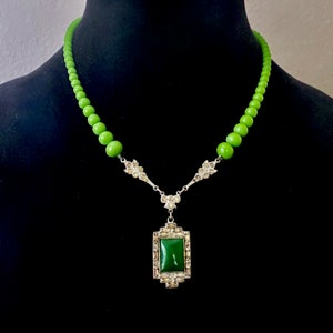 1930&#39;s Art Deco Necklace Jade Paste German Silver Marcasite Rhinestone Lavalier Necklace