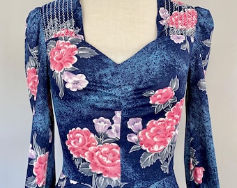 Vestido largo de punto floral de los años 70: Cintura imperio vintage, talla 4/XSM