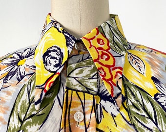 1970s Bat Wing Collar Disco Shirt FREAKY FLORAL Graphic Print Original Button Down Mens S Womens M/L