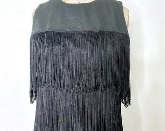 1960s TWIST Dress Alfred Werber Black Fully Fringed Crepe Full Length Vintage Dress Gown size 6/8