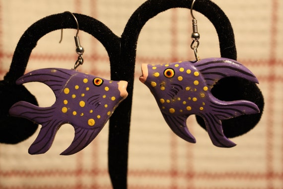 Hand carved and hand painted Fish Earrings from B… - image 1