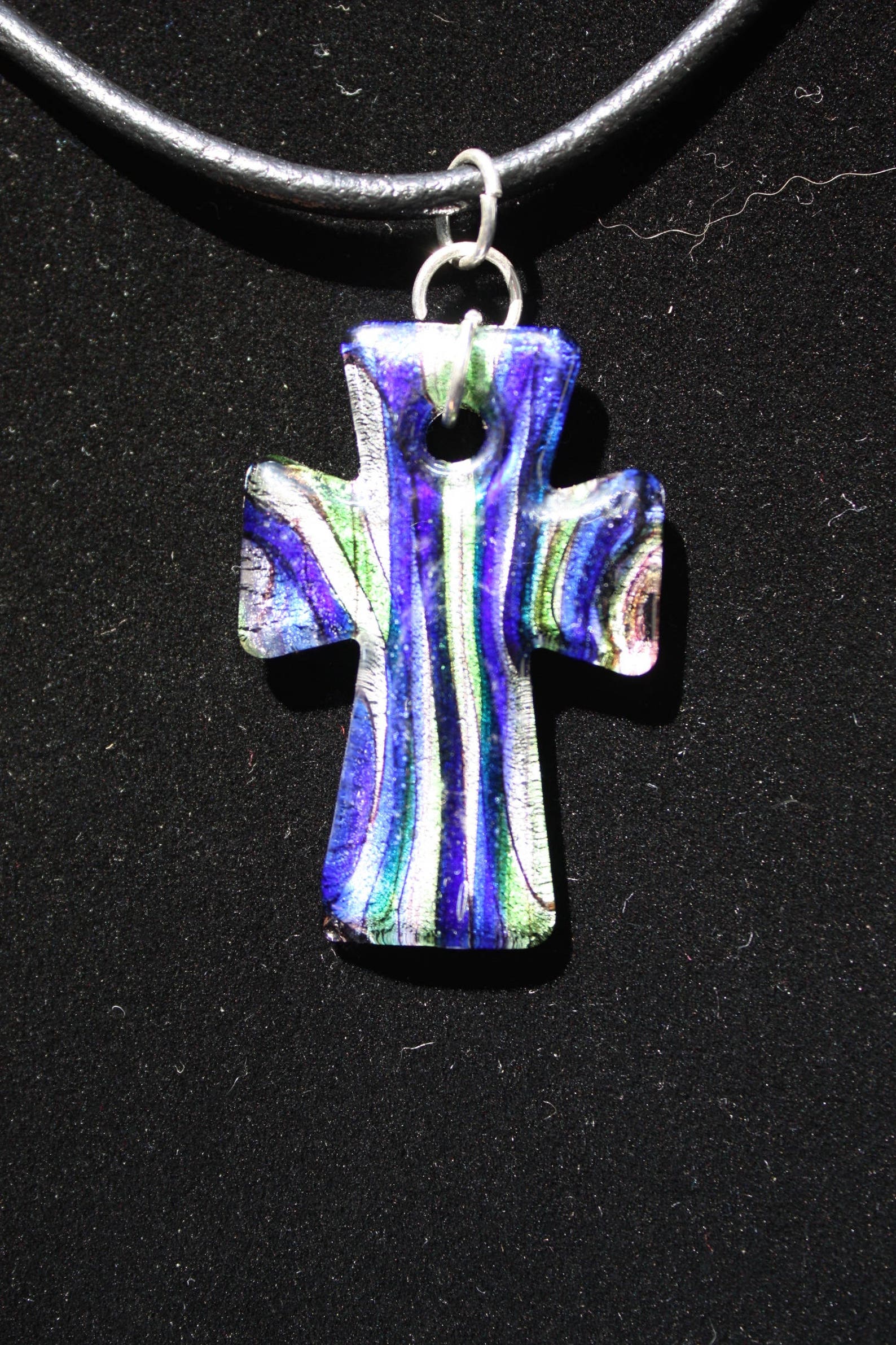 Cross Necklace Large Glass Cross Black Leather Cord Etsy