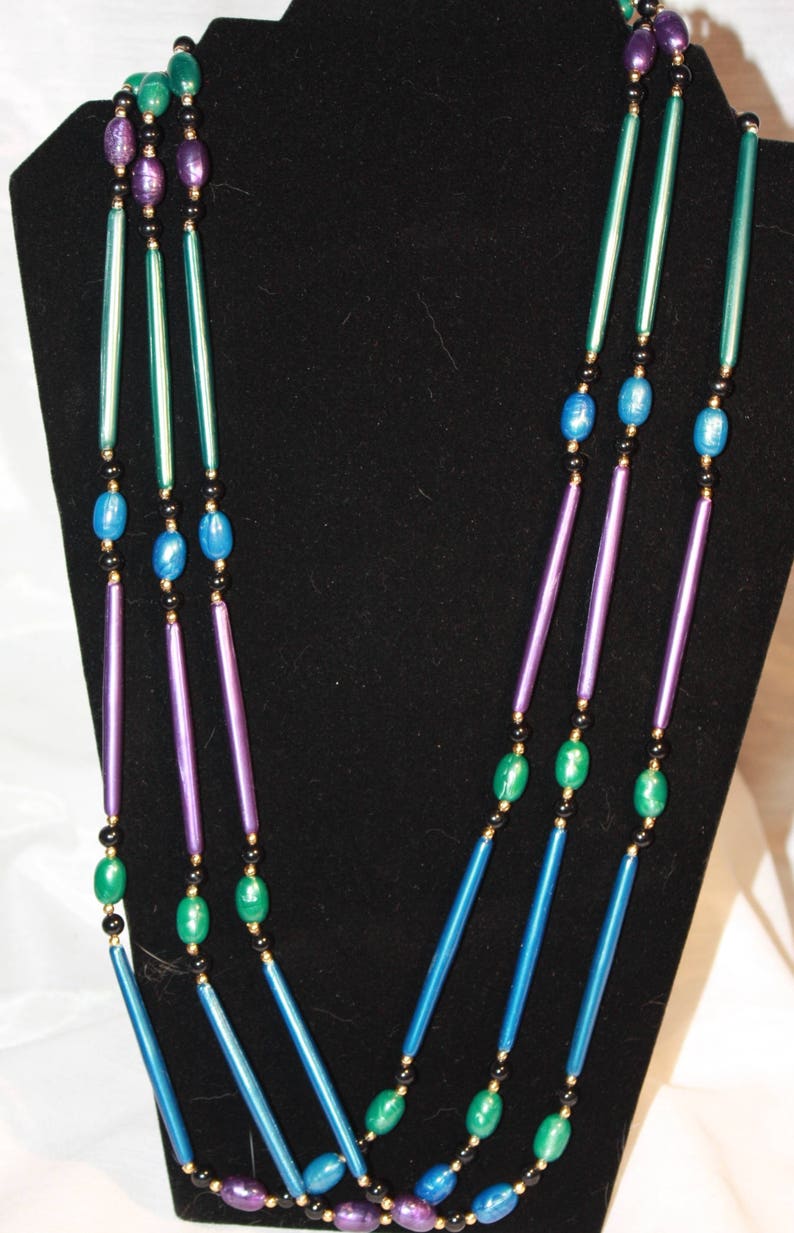 3 Stranded Purple and teal blue peacock colored necklace