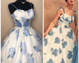 Documentado ICÓNICO vintage de los años 50 Vestido floral Falda muy completa / Busto de estante / Retro / Rockabilly / Glamour