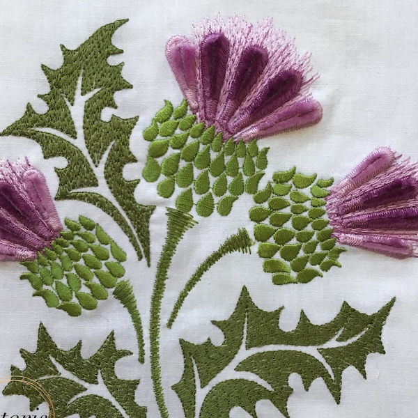 Thistle flower fluffy fringed thread velvet machine embroidery design, 4 sizes