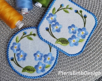 Forget-Me-Not Mug Rug Embroidery Design: ITH Machine Embroidery 4x4, 5x7 (Digital Download)