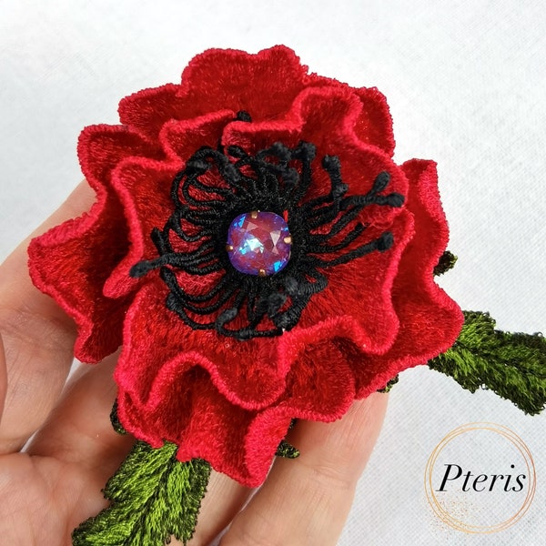 Poppy machine embroidery design 3D flower for making hairpins, brooches or other jewelry Flower FSL all in the hoop motif, 4x4 hoop design