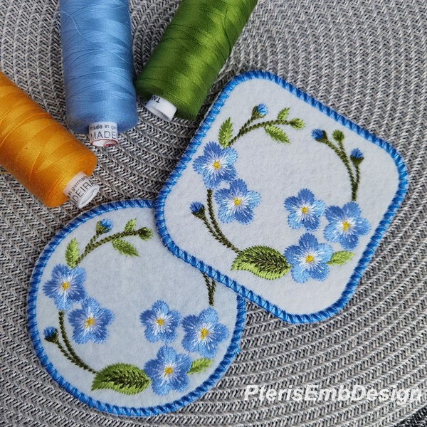 Forget-me-not flowers stand mug rug, plates, lunchmat In the hoop machine embroidery design 4x4, 5x7 hoop