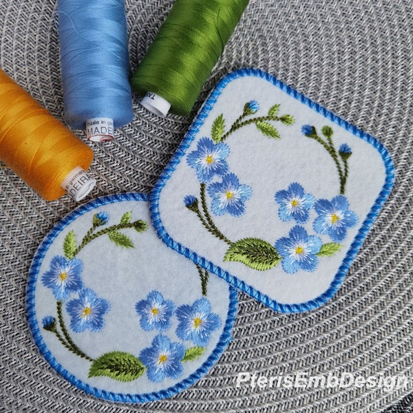 Tapis de fleurs myosotis, assiettes, tapis de déjeuner dans le cerceau de broderie machine, cerceau de 4 x 4, 5 x 7