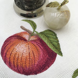 Realistic Red Apple with Leaf Machine Embroidery Design - 3 Sizes