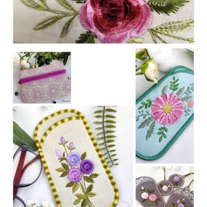 K&ouml;nnte beinhalten: Ein Set aus vier bestickten Brillenetuis mit Blumendesigns. Die Etuis sind aus hellem beigefarbenem Stoff mit gelbem Besatz. Die Blumen sind in Violett-, Rosa- und Gr&uuml;nt&ouml;nen gestickt. Die Etuis sind mit "Pteris" beschriftet.