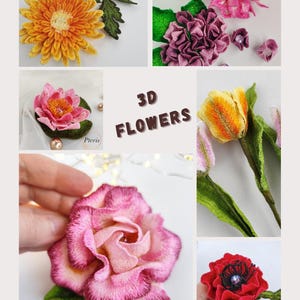 K&ouml;nnte beinhalten: Eine Collage aus 3D-Stickblumen, darunter eine rosa Rose, eine rote Mohnblume, eine gelbe Tulpe, eine violette Aster, eine rosa Hortensie und eine rosa Seerose. Alle Blumen sind handgefertigt und haben einen realistischen 3D-Effekt.