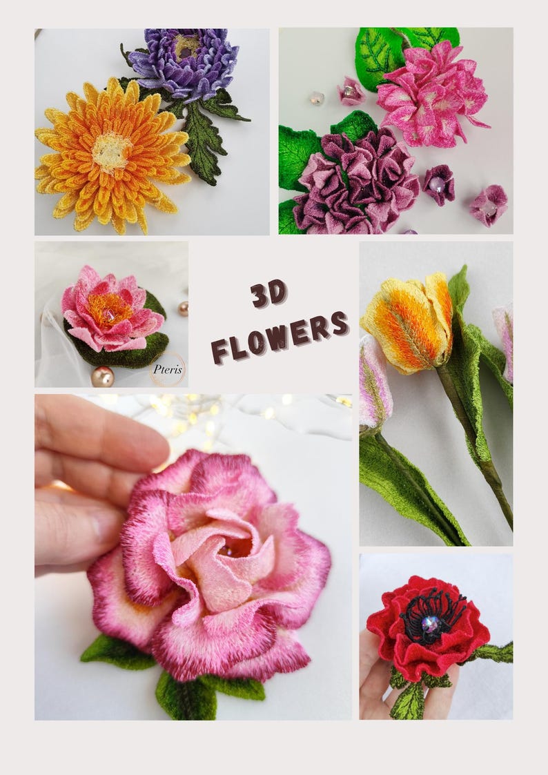 K&ouml;nnte beinhalten: Eine Collage aus 3D-Stickblumen, darunter eine rosa Rose, eine rote Mohnblume, eine gelbe Tulpe, eine violette Aster, eine rosa Hortensie und eine rosa Seerose. Alle Blumen sind handgefertigt und haben einen realistischen 3D-Effekt.