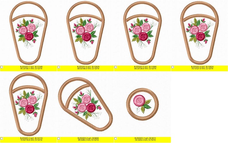K&ouml;nnte beinhalten: Satz mit f&uuml;nf Stickmustern mit einem floralen Motiv mit rosa und roten Rosen, gr&uuml;nen Bl&auml;ttern und wei&szlig;en Bl&uuml;ten. Die Muster sind in Form eines Korbs und eines Kreises.