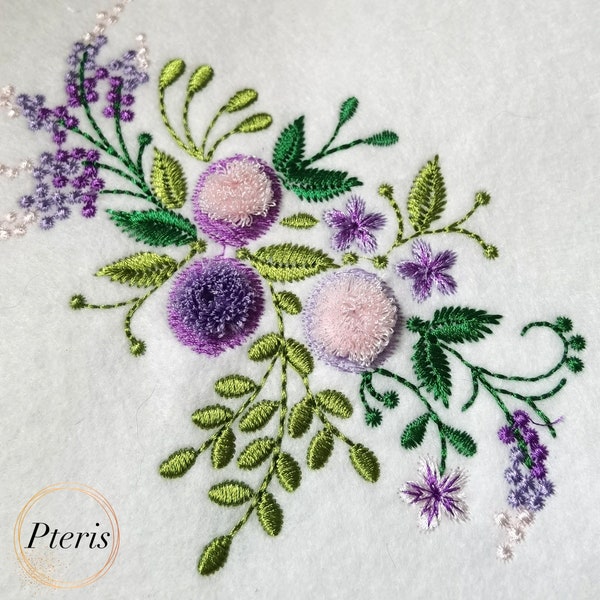 Broderie machine en chenille à franges et fleurs roses et lilas, motif 3 tailles de broderie.