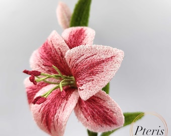 Diseño de bordado de lirio en 3D, flor de encaje independiente con capullo, aro de 5x7 pulgadas.