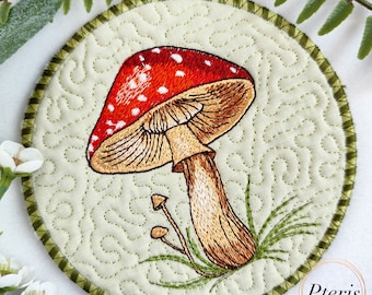 Fly Agaric Embroidery Design: Mushroom Mug Rug, Plates (4x4, 5x7, 6x10, 8x8 Hoop)